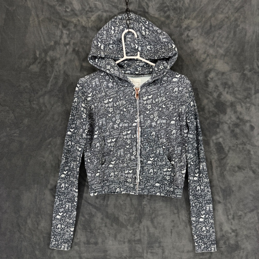 Frank & Eileen Tee Lab Doodle Print Zip Up Hoodie Grey Cotton Womens Small